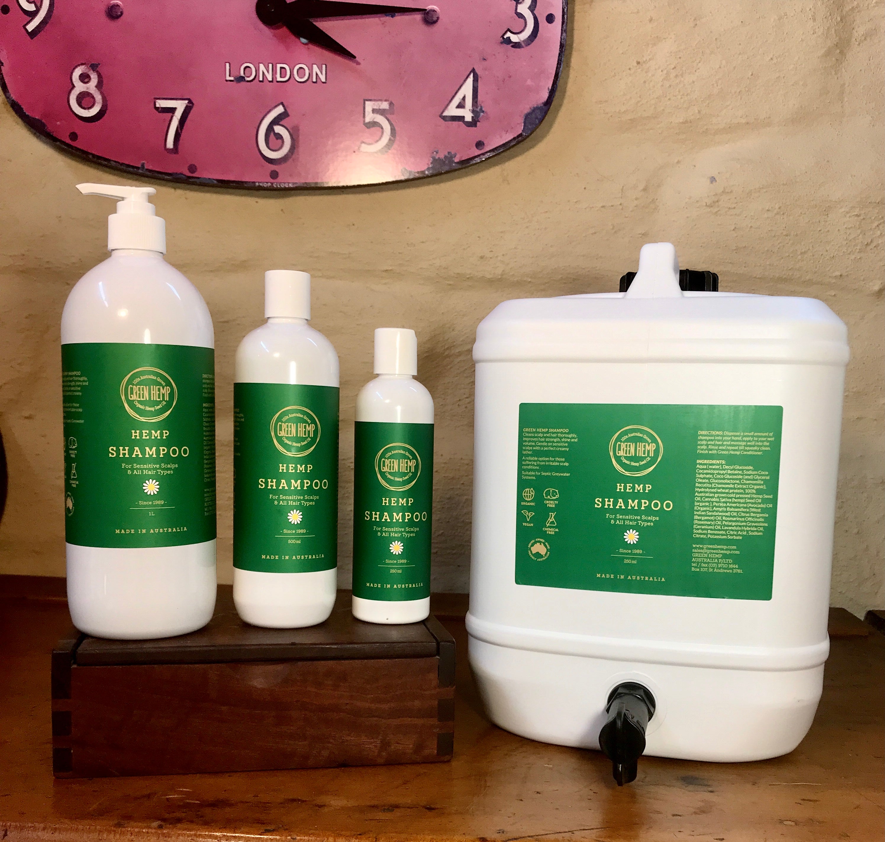 Green Hemp Shampoo products, including 250ml, 500ml, 1-liter bottles, and a 10-liter